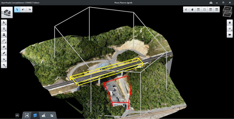 An image in ContextCapture photo planning that shows operation (gray), target (yellow), and forbidden (red) zones. Image courtesy of Bentley Systems