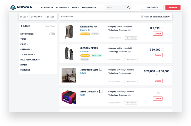 Aniwaa - 3D scanner comparison (browser)