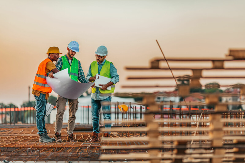 Manual workers talking with an architect while going through housing plans
