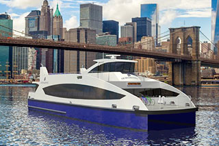 A Hornblower rendering of the catamaran design it will build for New York City&#039;s new ferry routes.