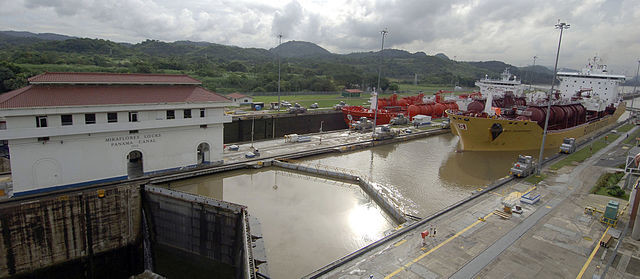 Tankers prepare to enter the Miraflores Locks on the Panama Canal. U.S. Navy photo.