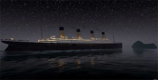 A screenshot from the game shows the Titanic approaching the iceberg. Vintage Digital Revival image.
