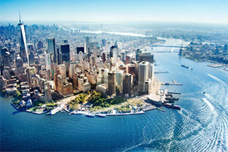 An aerial view of lower Manhattan looking up the East River. Hornblower photo.