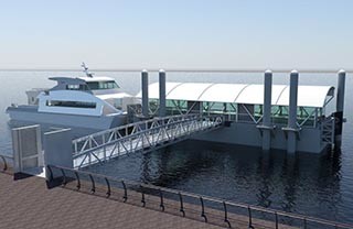 A rendering of the floating landing for New York&#039;s new citywide ferry service. New York Economic Development Committee image.