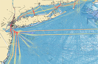 A map shows vessel density off New York and New Jersey. NOAA image.