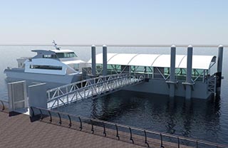 A rendering of the floating landing for New York&#039;s new citywide ferry service. New York Economic Development Committee image.