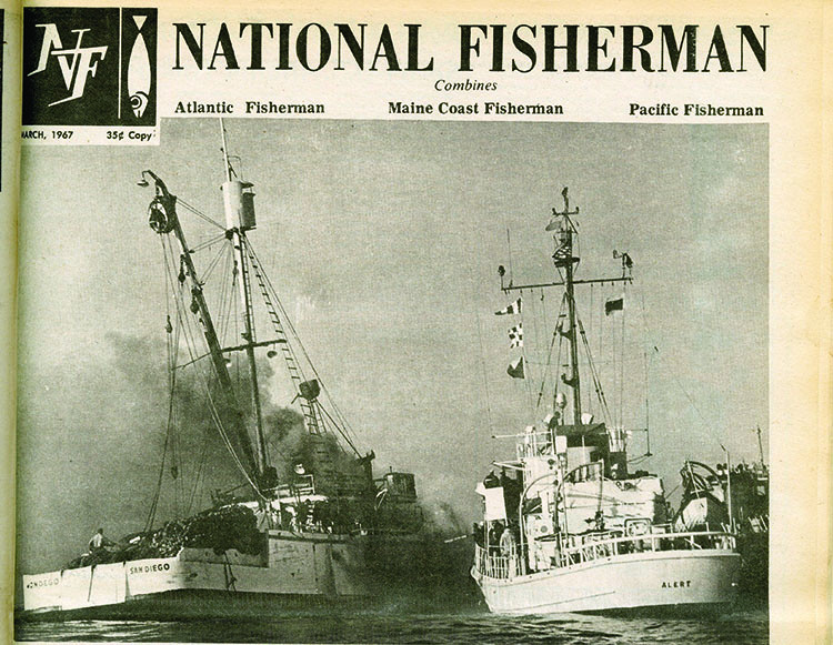 A fire rages aboard the tuna seiner Mondego in 1967. NF archive image.