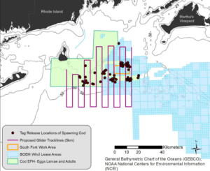 The survey is covering an area that includes the proposed South Fork Wind Farm south of Rhode Island. BOEM image.