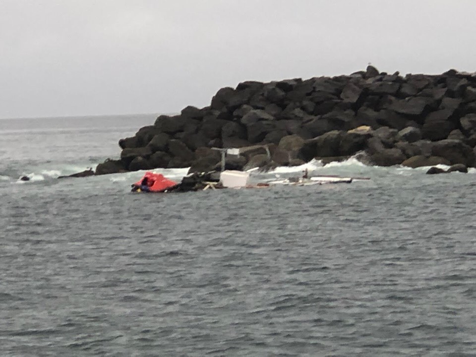 The wreckage of the Fearless II after two crew members were rescued Sept. 22, 2019. Coast Guard photo/PO3 Michael Clark