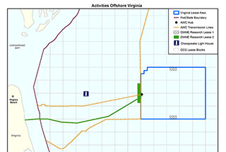A BOEM map shows the wind research area off Virginia.