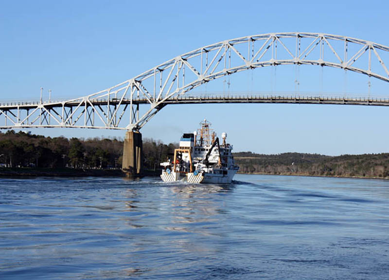 The NOAA research trawler Henry B. Bigelow in the Cape Cod Canal. NOAA is moving toward using private vessels for future trawl surveys. NOAA photo.