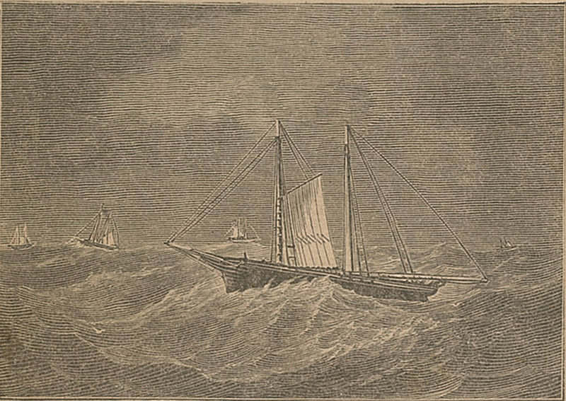 An illustration on the cover of The Fishermen's Memorial & Record Book, published 1873, depicts Gloucester fishing schooners riding out a winter gale.