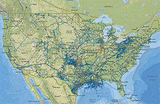 A map from the U.S. Energy Information Administration shows pipelines across the country.