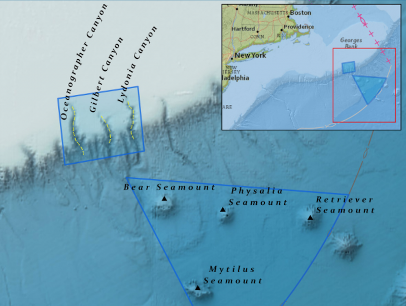 The Northeast Canyons and Seamounts Marine National Monument covers 5,000 square miles south of Georges Bank. NOAA image.