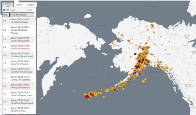 A graphic map showing recent earthquakes across the state. Alaska Earthquake Center image.