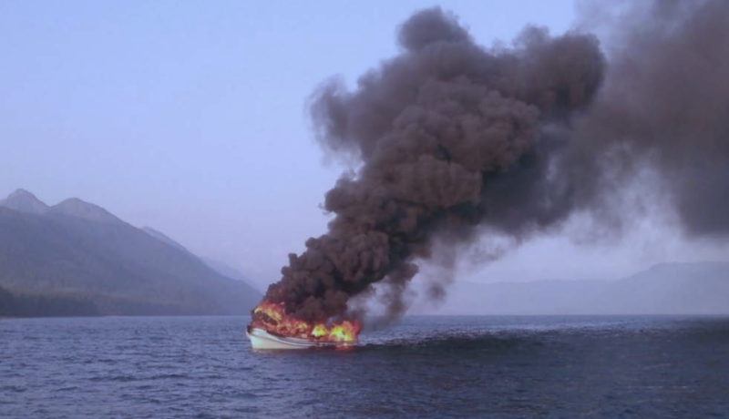 The purse seiner Ariel burned and sank in Alaska's Sheep Bay in August 2019. Coast Guard photo.