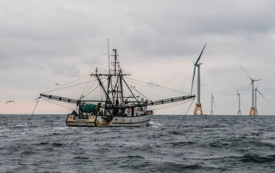 The trawler Virginia Marise from Point Judith, R.I., near the Block Island Wind Farm. Deepwater Wind photo.
