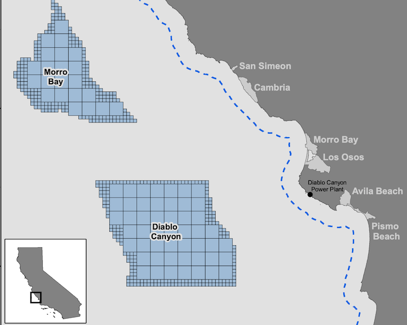 Two potential wind energy development areas have been identified off California's Morro Bay and Diablo Canyon. BOEM image.