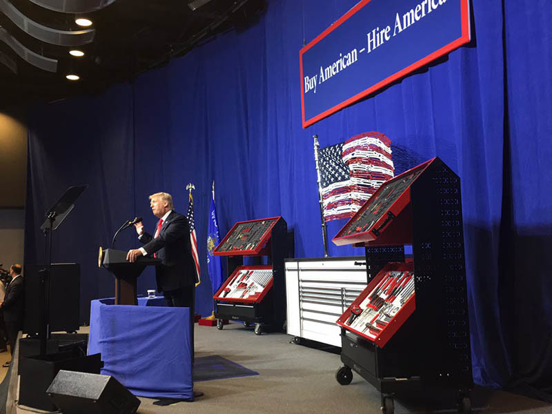 Donald Trump addresses workers at Snap-on in Kenosha, Wisc., about his 'Buy American, Hire American' initiative. White House social media photo by Dan Scavino, Jr.