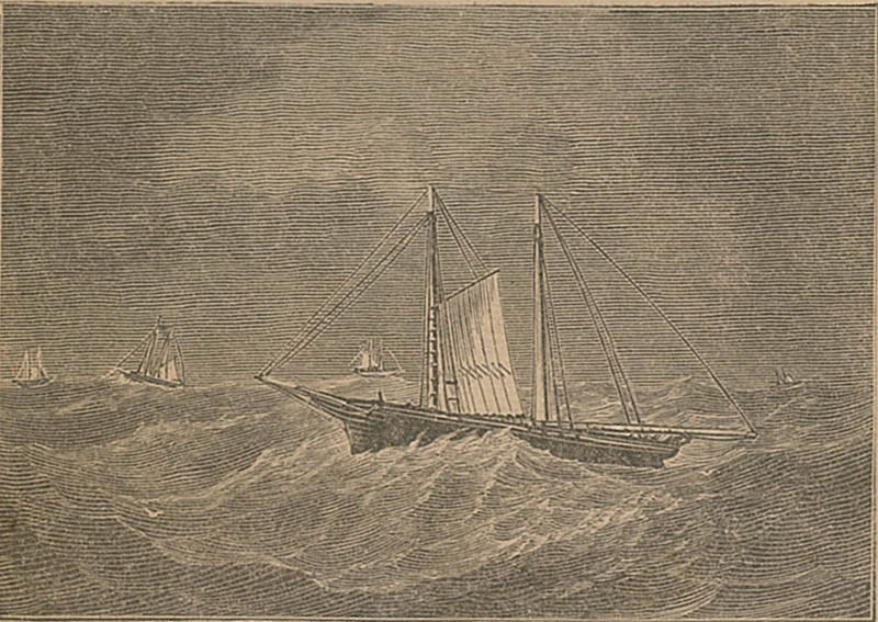 An illustration on the cover of The Fishermen's Memorial & Record Book, published 1873, depicts Gloucester fishing schooners riding out a winter gale.