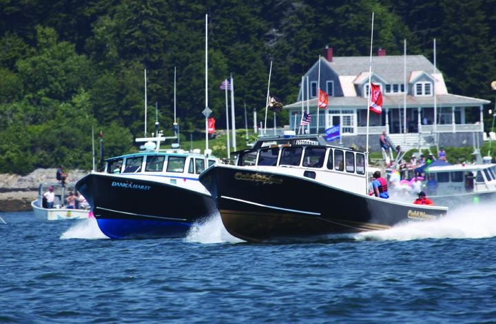Gold Digger, at 40.8 mph, edges out Danica Hailey at the Harpswell, Me., lobster boat races July 29, 2019. Jon Johansen photo.