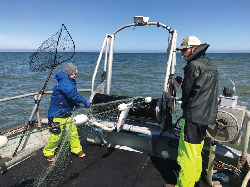 Max Mezich and Jenni Baker aboard the Jennifer Lynn, a 42-foot salmon gillnetter hailing out of Port Moller, Alaska.
