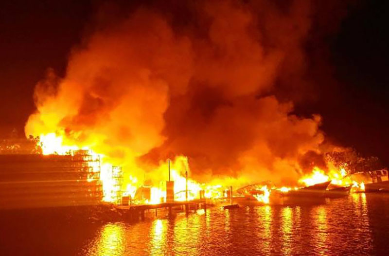 A fire that destroyed 20,000 traps and eight vessels early on the morning of June 5, 2017 at the Carlos Seafood Co. in Marathon, Fla. Monroe County Sheriff's Office photo.