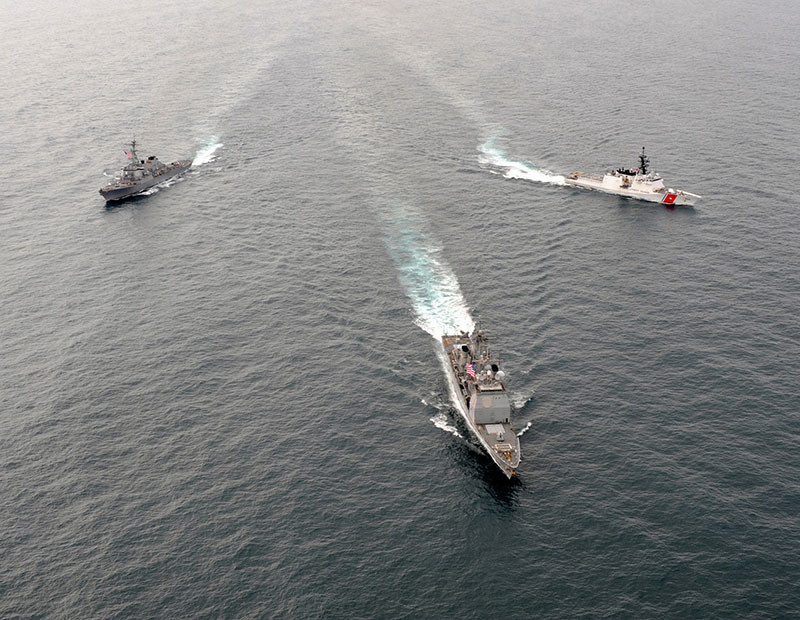 The guided-missile cruiser USS Lake Erie, guided-missile destroyer USS Decatur, and Coast Guard Cutter Bertholf transit the Gulf of Alaska in formation June 17, 2011, during Northern Edge war training exercises. USCG photo.