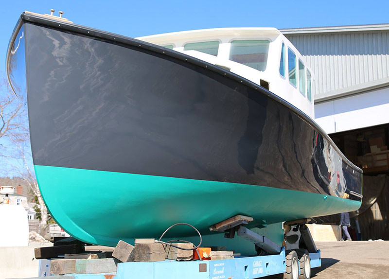 The 40-foot lobster boat Squeeze Play after she was repaired repaired and painted at Gamage Shipyard in South Bristol, Maine. Gamage Shipyard photo.