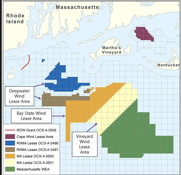 Vineyard Wind plans to build its 800-megawatt project (in yellow) 15 miles south of Martha's Vineyard. BOEM image