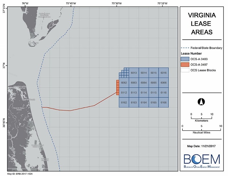 The Coastal Virginia Offshore Wind project is adjacent to Dominion Energy's wind energy lease area east of Virginia Beach. BOEM chart.