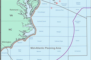 A BOEM map shows a Mid-Atlantic planning area off Virginia.