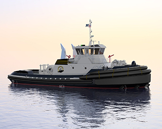 A rendering of the Jensen-designed tractor tug for Vessel Chartering. Jensen Maritime photo.
