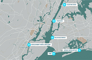 A Waterfront Navigator map shows examples of waterfront construction. NYEDC image.