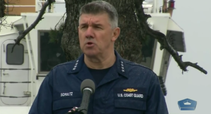 Commandant Adm. Karl Schultz delivered his first 'state of the Coast Guard' address March 21 in Los Angeles. Coast Guard video image