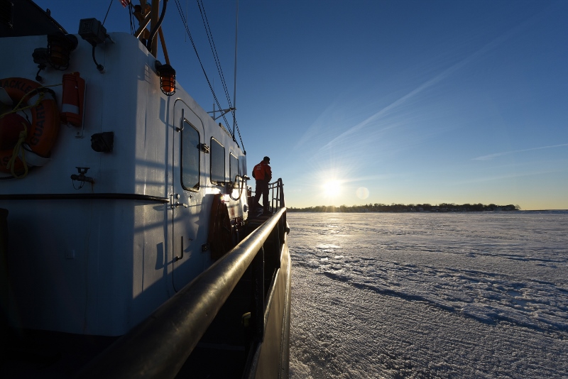 Coast Guard Cutter Shackle breaks ice near Boston Logan International Airport