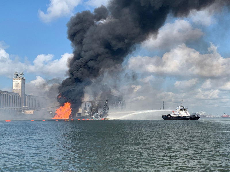 Coast Guard crews respond to dredge fire in the Port of Corpus Christi Ship Channel